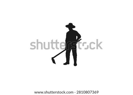 Farmer silhouette holding hoe tool standing isolated on white background