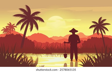 Farmer Silhouette in Mountains Rice Field Landscape with Golden Sun at Sunrise Sunset