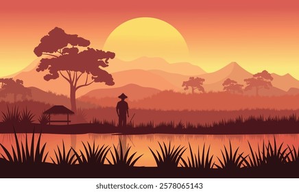 Farmer Silhouette in Mountains Rice Field Landscape with Golden Sun at Sunrise Sunset