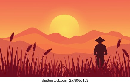 Farmer Silhouette in Mountains Rice Field Landscape with Golden Sun at Sunrise Sunset