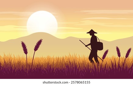 Farmer Silhouette in Mountains Rice Field Landscape with Golden Sun at Sunrise Sunset