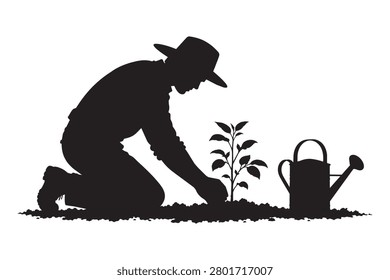 Farmer silhouette planting a small tree with a watering can