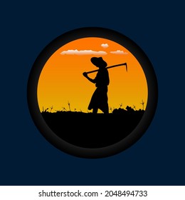 farmer silhouette vector illustration, sunset and sunrise view