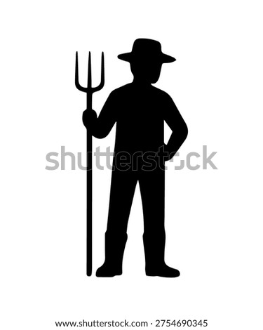 Farmer silhouette wearing a hat and holding a pitchfork on a white background