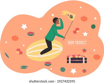 Farmer sits astride melon flies surrounded by vegetables. Agricultural worker, autumn harvest. Harvesting tomato, pumpkin, cucumbers, melons, watermelons. Man proud of his business with farm products