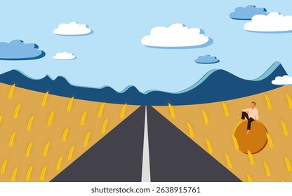 A farmer sits on a haystack in a wheat field watching the road leading to the mountains. Vector.