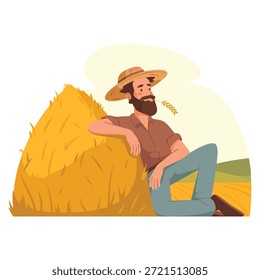Granjero que se sienta por el pajar cansado que descansa la Ilustración vectorial aislada en el fondo blanco conveniente para el trabajo agrícola rural de la agricultura y los diseños de la vida del campo