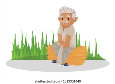 Farmer is sitting on the bundle of grass in the farm. Vector graphic illustration. Individually on a white background.