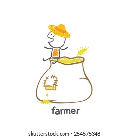 farmer sitting on a sack of grain illustration