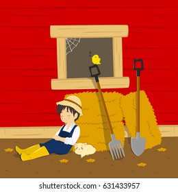 A farmer sleeping leaning on the hay piles with a sleeping cat outside the barn, and a singing bird perched on a pitchfork