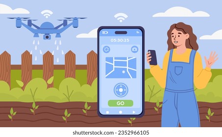 Bauern mit intelligentem Technologiekonzept. Frau mit Drohne nahe Feld mit Ernte. Moderne Technologien und Innovationen. Mobile Anwendungen für Landwirtschaft und Landwirtschaft. Cartoon-Flavektor-Vektorgrafik