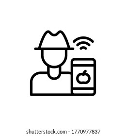 Granjero, smartphone, ícono de tomate. Línea simple, contorno de elementos vectoriales de iconos de cultivo automatizado para ui y ux, sitio web o aplicación móvil