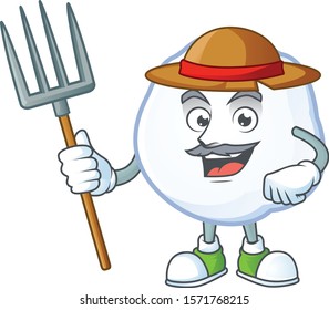 Farmer snowball cartoon character with hat and tools