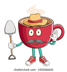 A farmer of soda can cartoon character holding a shovel with funny face