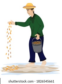 farmer sow rice into paddy field vector design