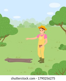 The farmer sowing the seeds for the future harvest. Woman agricultural worker wearing coveralls and rubber boots working on the field, pouring the seeds to the ground. Spring sowing concept vector