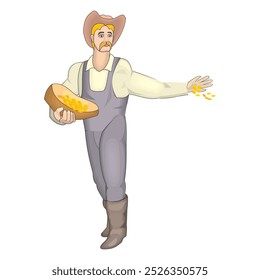 Farmer sowing wheat grains in a wheat field. Farming and agriculture cartoon flat concept illustration Isolated