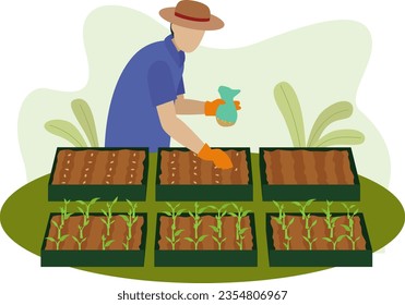 the farmer sows grains in a soil box, sowing plant seeds vector illustration, agricultural, botanic and gardening concept