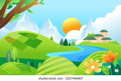 Farmer sows seeds in spring, farm field and village in the background, vector illustration