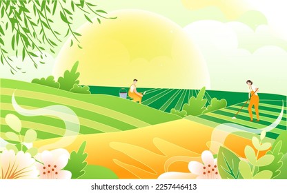 Farmer sows seeds in spring, farm field and village in the background, vector illustration