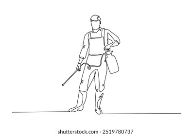 Farmer spraying chemicals continuous one line drawing. Farmer and farm equipment in single line art illustration. Editable vector.  