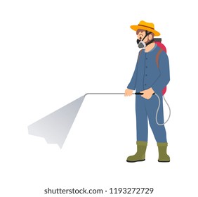 Farmer spraying chemicals vector icon isolated character. Man in protective suit and respirator splashing pesticide from cylinder with hose on shoulders