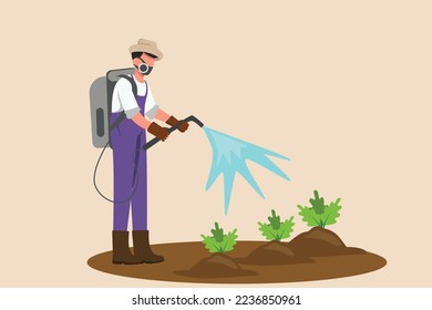 Farmer sprays pesticide. Agriculture concept. Colored flat graphic vector illustration. 