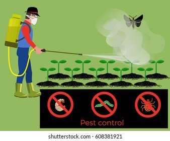 Farmer sprays pesticide. Vector illustration