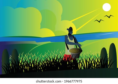 farmer spreading fertilizer in the field background