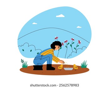 The farmer is squatting on the ground, sprinkling feed on the ground for his chickens, there are some green plants and pink flowers growing around the farmer, ecosystem vector illustration.