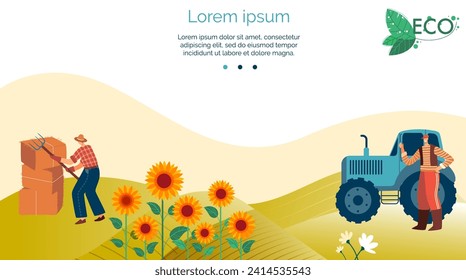 Farmer stacking hay bales, another standing by tractor. Rural farm life with sunflowers and fields. Eco-friendly farming and sustainable agriculture vector illustration.