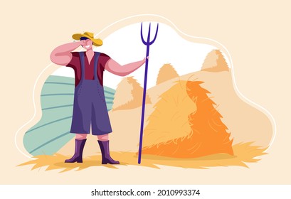 Bauern stapeln Heu auf dem Feld. Landwirtschaftliche Arbeit. Ländliches Leben. Cartoon, Vektorgrafik.