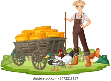 Farmer standing with cart, ducks, and chickens