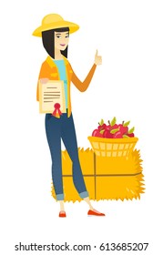 Farmer standing with certificate in hands on the background of hay bale and basket of apples. Farmer showing certificate and thumb up. Vector flat design illustration isolated on white background.