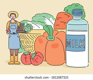 A farmer is standing with crops. There is fresh local food around him. hand drawn style vector design illustrations. 