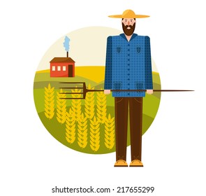 The farmer standing in front of the field. Organic production, agriculture. The colorful vector illustration in flat style for your design.