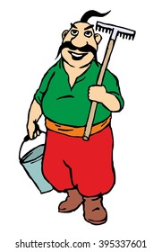 Farmer standing holding rake and metal bucket. Isolated on white background. Flat vector illustration for web, label, poster 