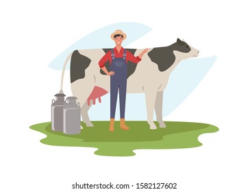 Farmer standing near a cow with milk cans. Vector illustration in a flat style