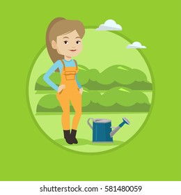 Farmer standing near a watering can on the background of agricultural field with green bushes. Woman watering plants in garden. Vector flat design illustration in the circle isolated on background.