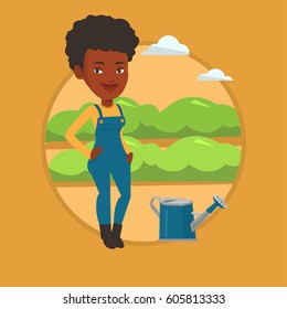 Farmer standing near a watering can on the background of agricultural field with green bushes. Woman watering plants in garden. Vector flat design illustration in the circle isolated on background.