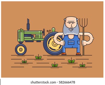 farmer standing next to tractor