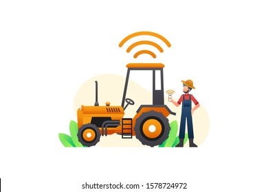 A Farmer Is Standing Next To A Tractor That Is Connected To The Internet Via A Smartphone Application. Internet Of Things Vector Background. IoT Illustration Banner