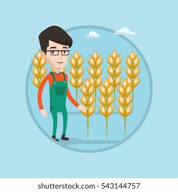 Farmer standing on the background of wheat field. Smiling caucasian farmer working in wheat field. Farmer checking wheat harvest. Vector flat design illustration in the circle isolated on background.