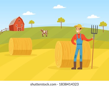 Farmer Standing with Pitchfork on Background of Hay Bale, Agricultural Worker Character in Overalls Moving Hay in Haystack, Agriculture, Healthy Food Production Vector Illustration