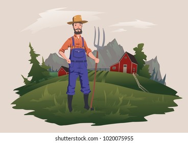 Farmer standing with a pitchfork on the farm. Mountain rural landscape in the background. Ranchman character, vector isolated illustration.