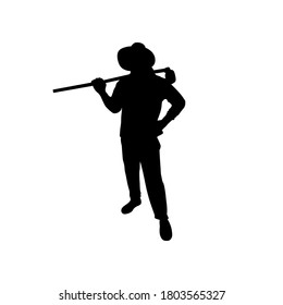 The farmer standing and posing with hoe.  Silhouette vector design. Farm, field, gardener.