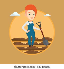 Granjero parado con pala en el fondo del campo. Mujer trabajando en el campo con una pala. Mujer arando campo con una pala. Ilustración de diseño plana vectorial en el círculo aislado en el fondo.