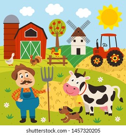 a farmer stands in a barnyard with a cow and a dog - vector illustration, eps