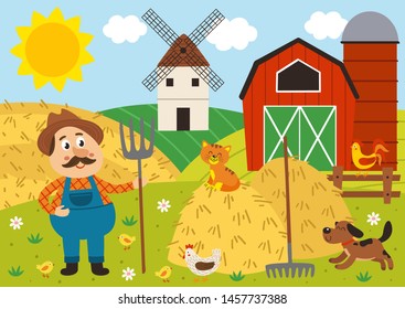 farmer stands in the barnyard with pitchfork and pets - vector illustration, eps 