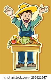 a farmer stands behind the counter. He touts the buyers for their products.